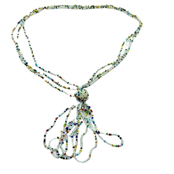 Seed Bead Tassel Beaded Necklace Vintage Women's Multicolor Colorful Rainbow 34" - Picture 1 of 16